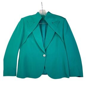 VTG Turquoise Green Blazer Jacket Lined Rhinestone Buttons Statement Lapel fit S